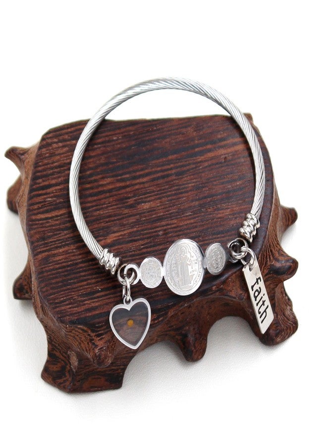 Tobestu Platinum Plated Twisted Rope Saint Benedict Medal Bangle Bracelets for Women - Stainless Steel Faith Heart-Shape Mustard Seed Bracelet for Christmas Birthday Easter Y4231 - Image 5